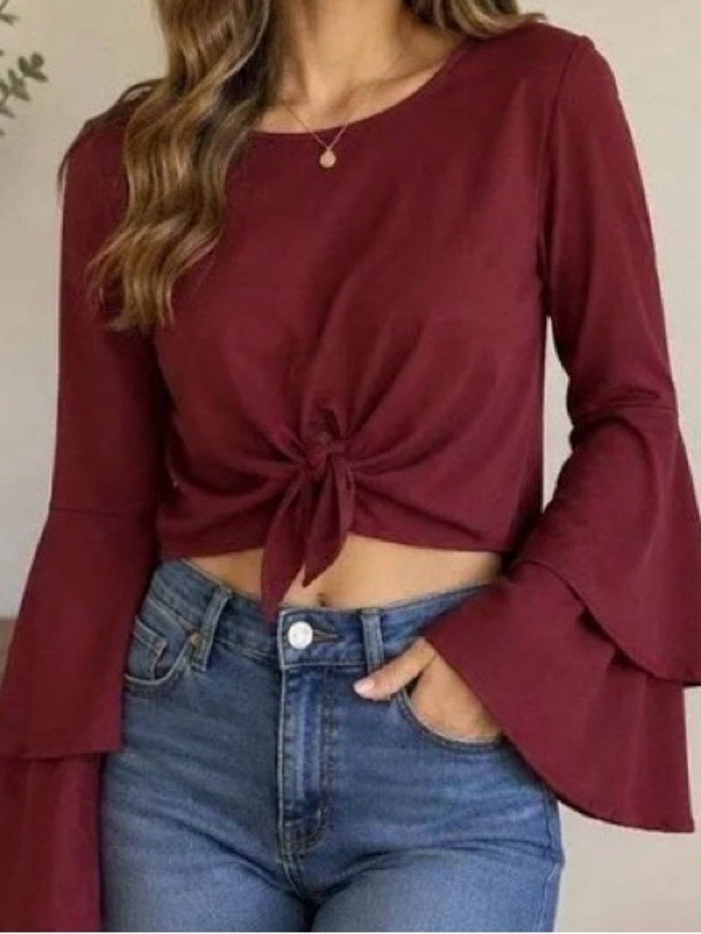 Altar'd State Burgundy Tiered Bell Sleeve Tie-Front Blouse